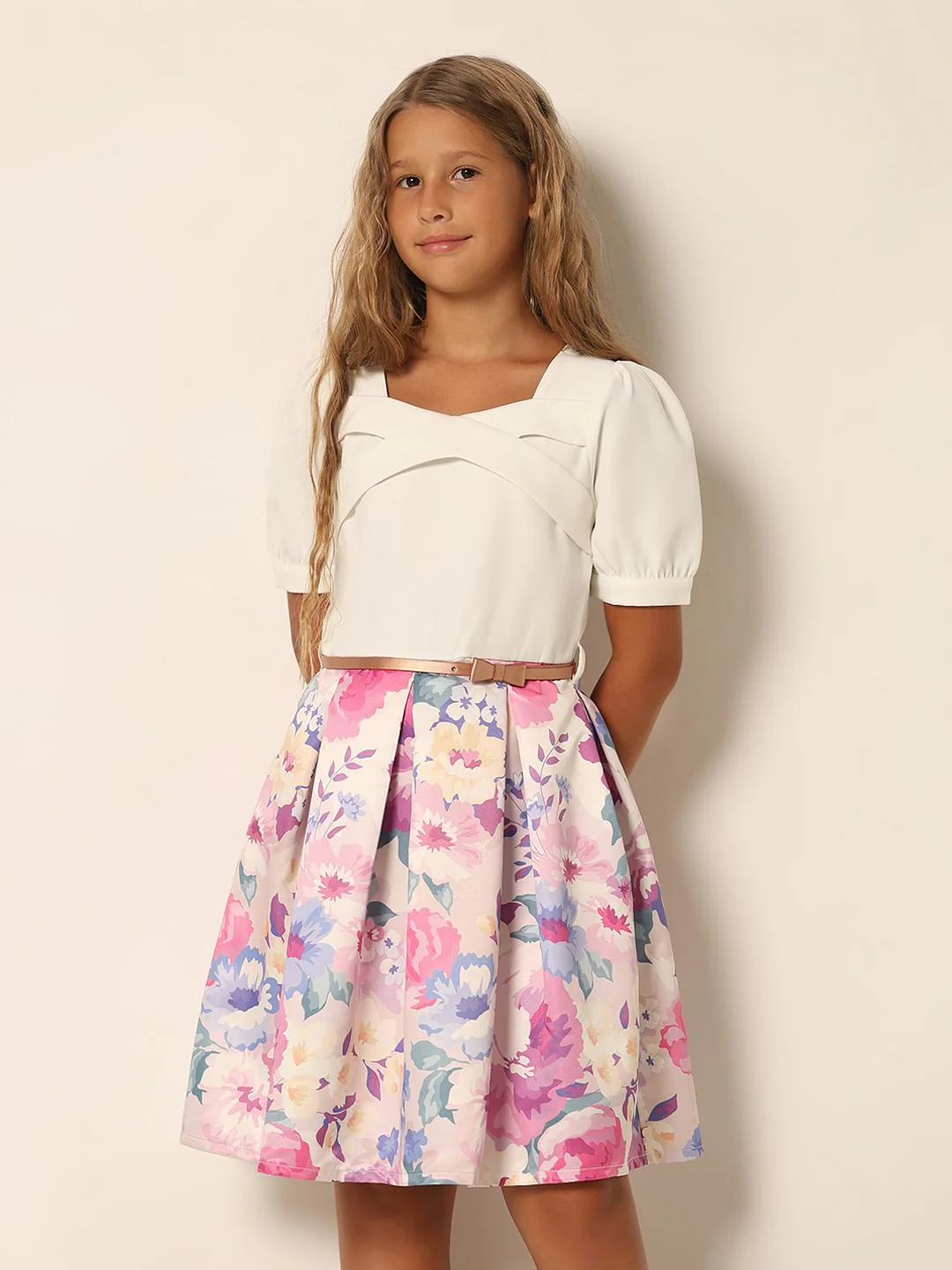 Girls White Floral Print Dress - Image 2