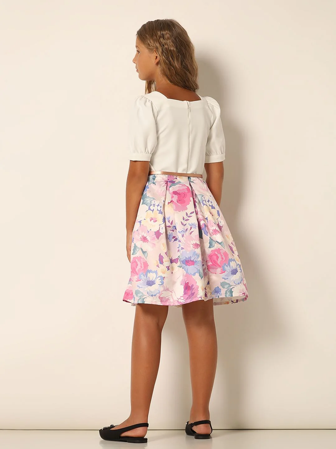 Girls White Floral Print Dress - Image 3