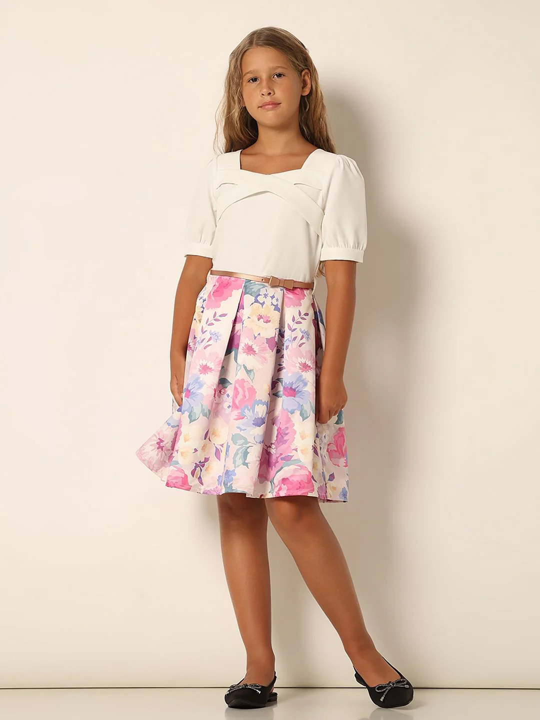 Girls White Floral Print Dress - Image 5