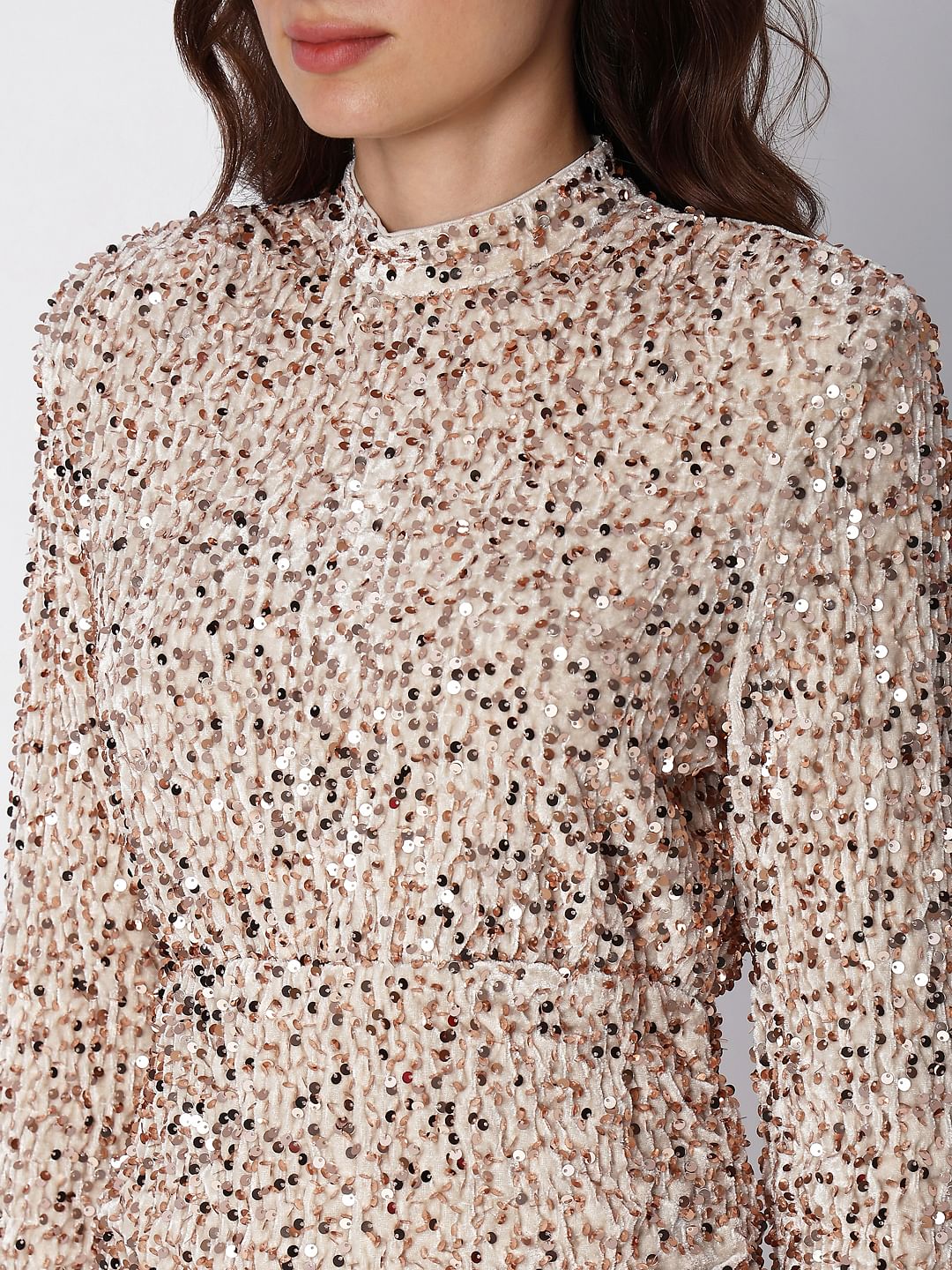 Beige Sequined Bodycon Mini Dress - Image 8