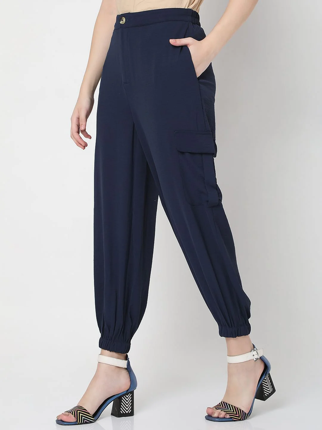 Navy Blue Mid Rise Cargo Pants - Image 3