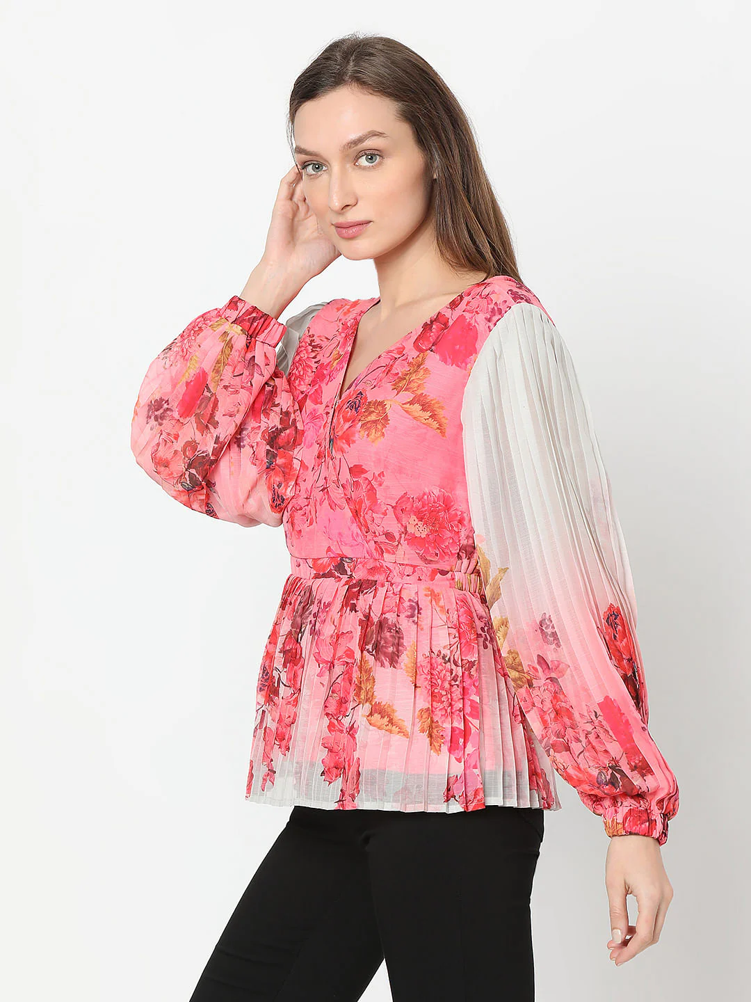 Pink Floral Ombre Pleated Top - Image 3