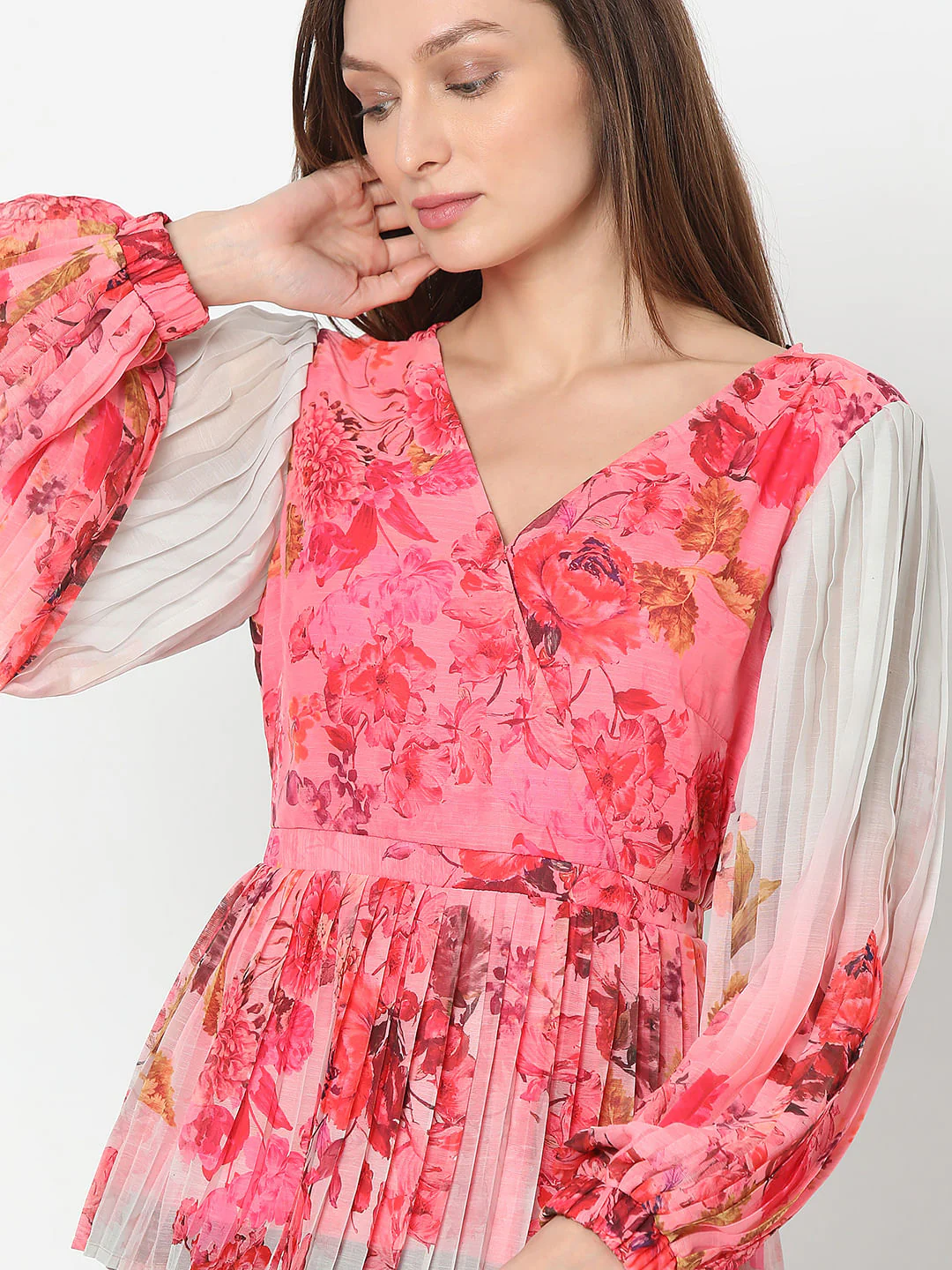 Pink Floral Ombre Pleated Top - Image 6