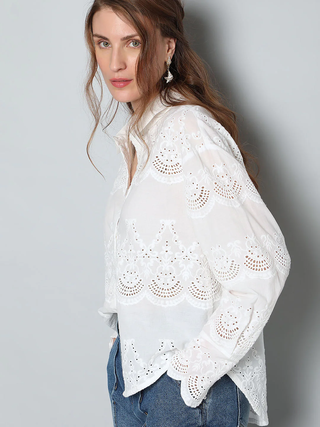 White Schiffli Cotton Shirt