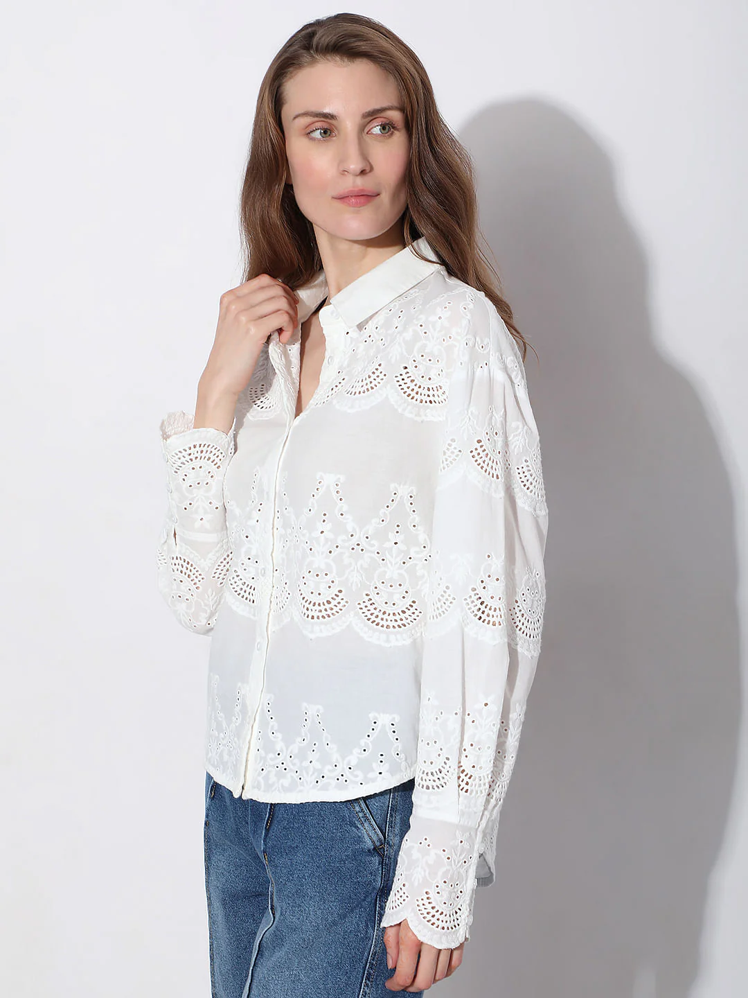 White Schiffli Cotton Shirt - Image 3