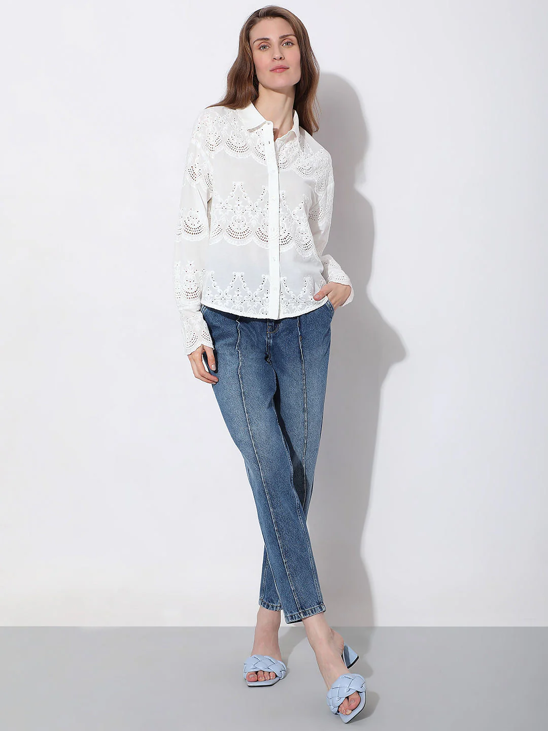 White Schiffli Cotton Shirt - Image 5