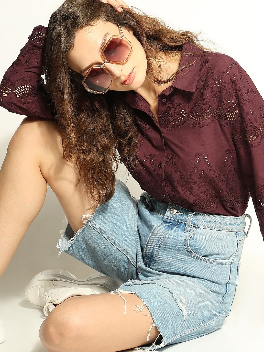 Wine Cut-Work Cotton Shirt