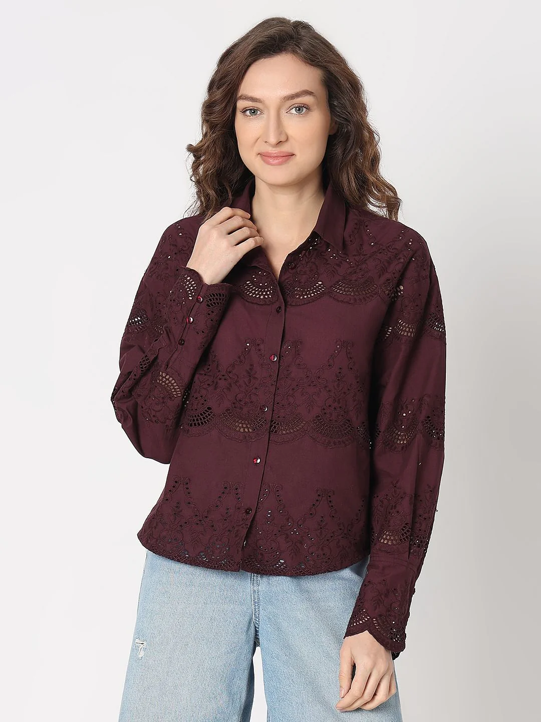 Wine Cut-Work Cotton Shirt - Image 2