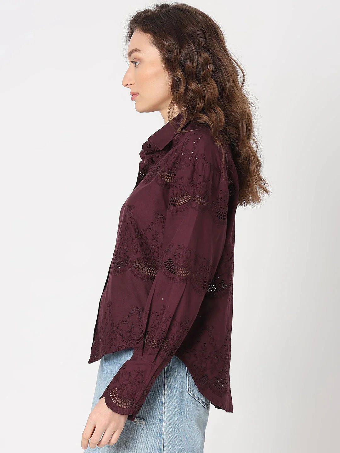 Wine Cut-Work Cotton Shirt - Image 3