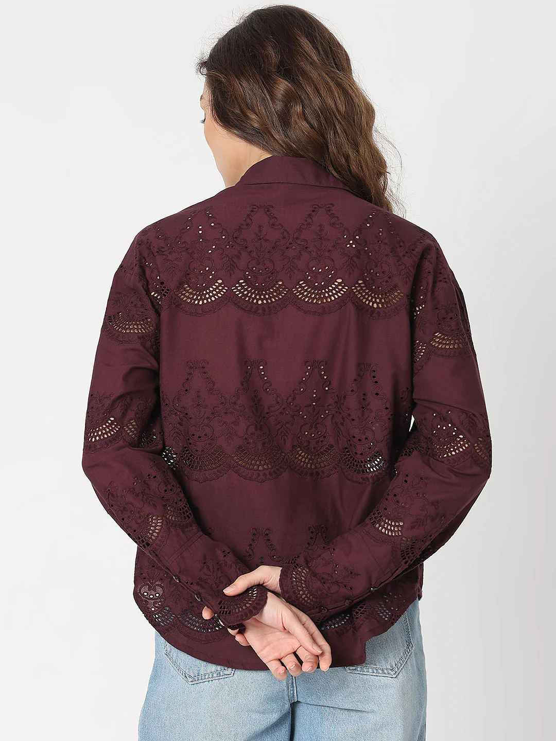 Wine Cut-Work Cotton Shirt - Image 4