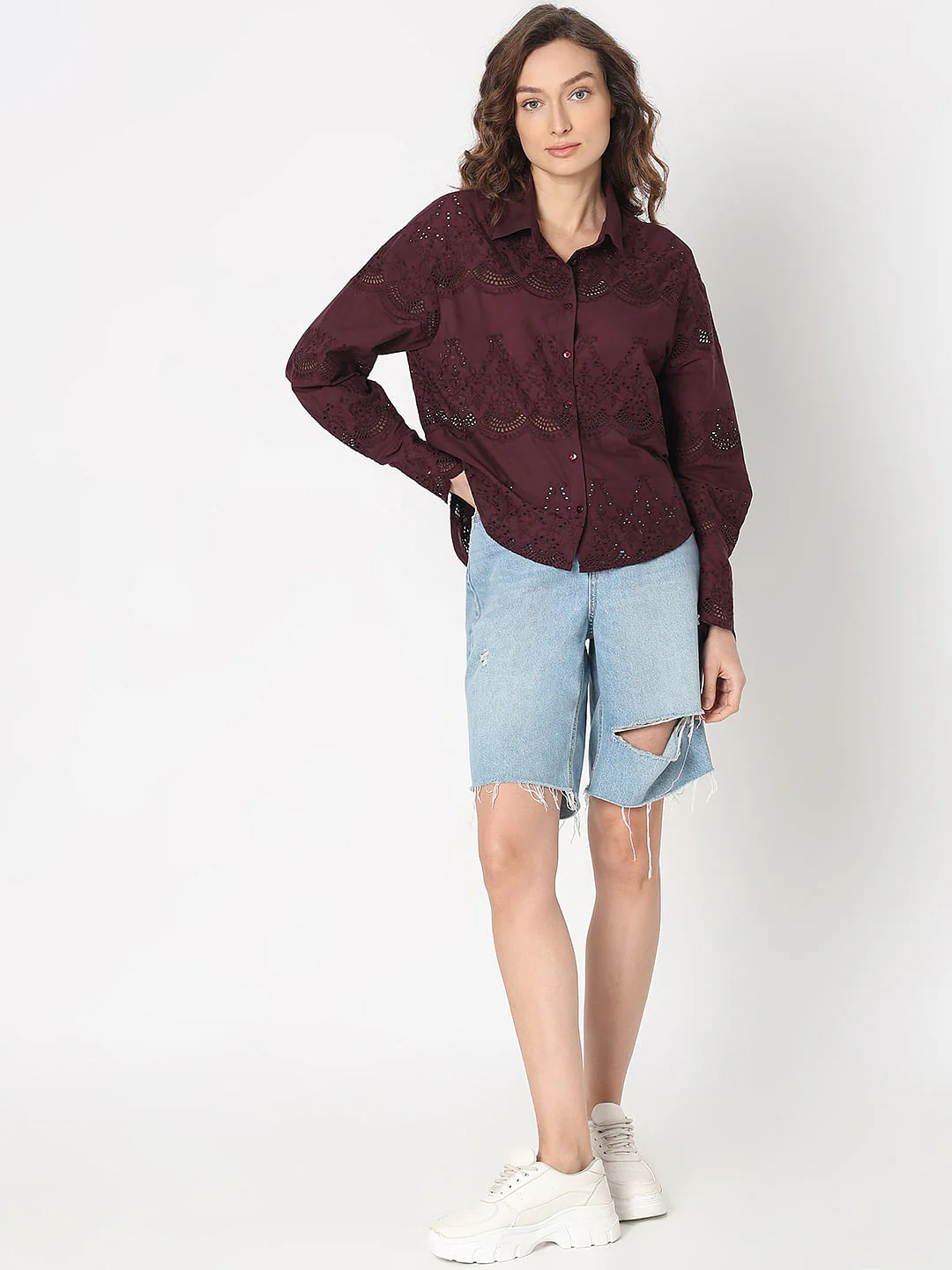 Wine Cut-Work Cotton Shirt - Image 5