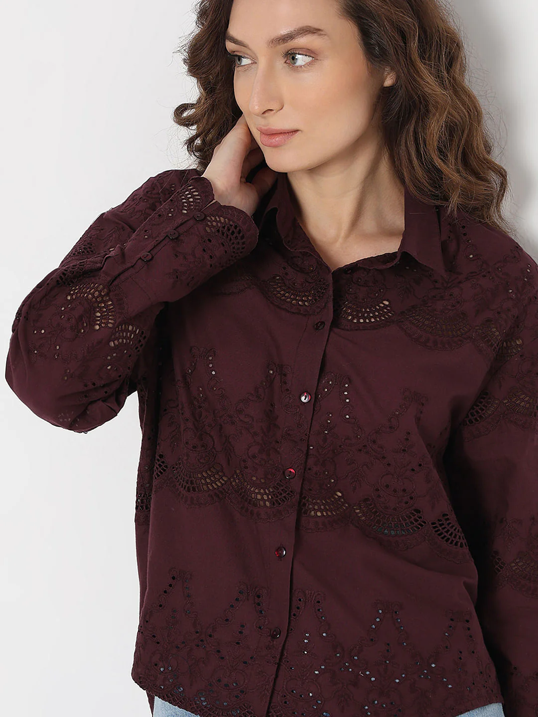 Wine Cut-Work Cotton Shirt - Image 6
