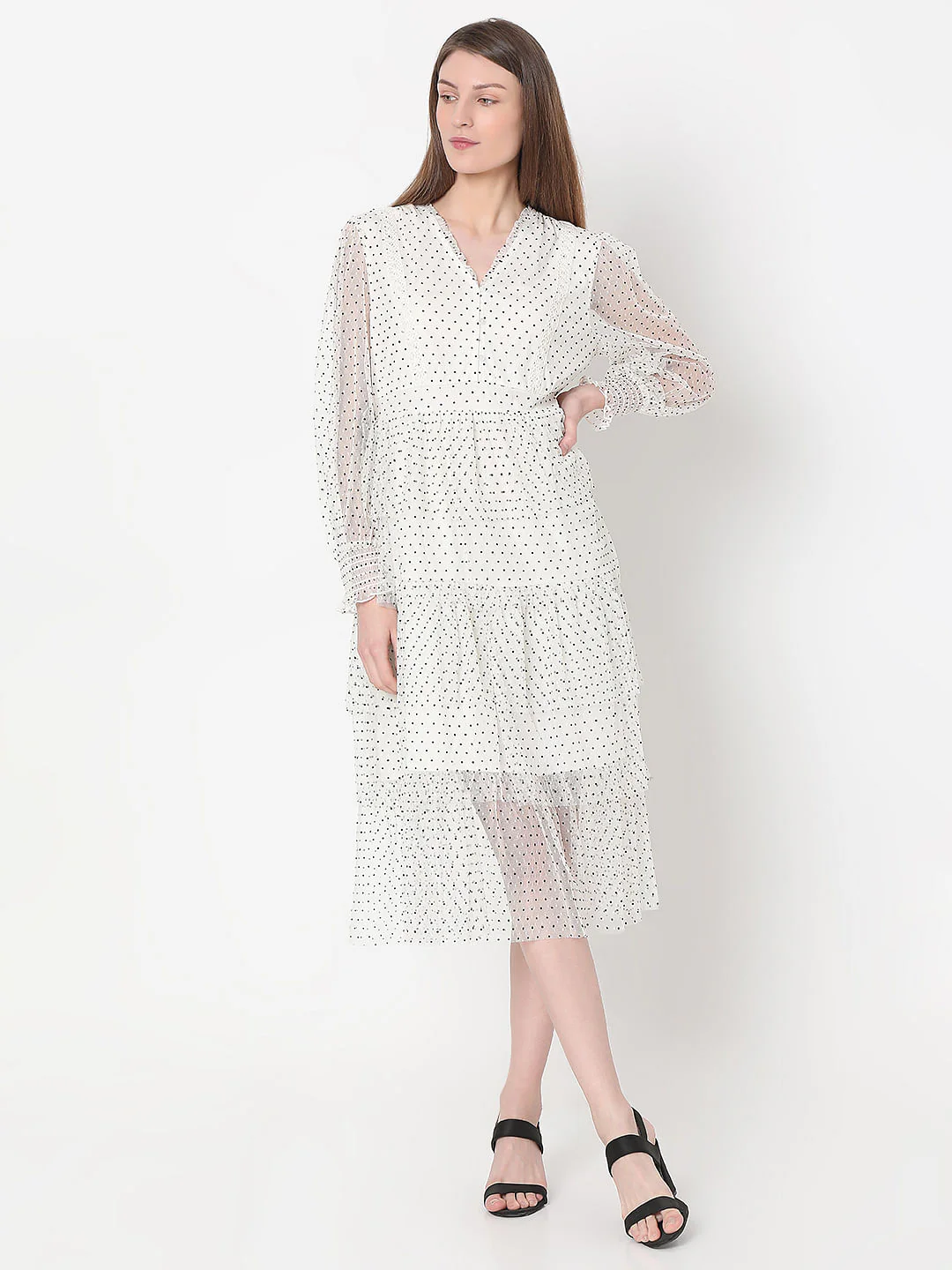 White Polka Dot Mesh Midi Dress - Image 2