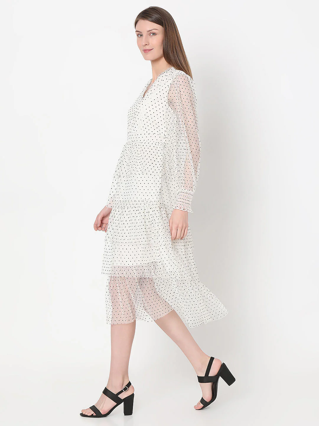 White Polka Dot Mesh Midi Dress - Image 3