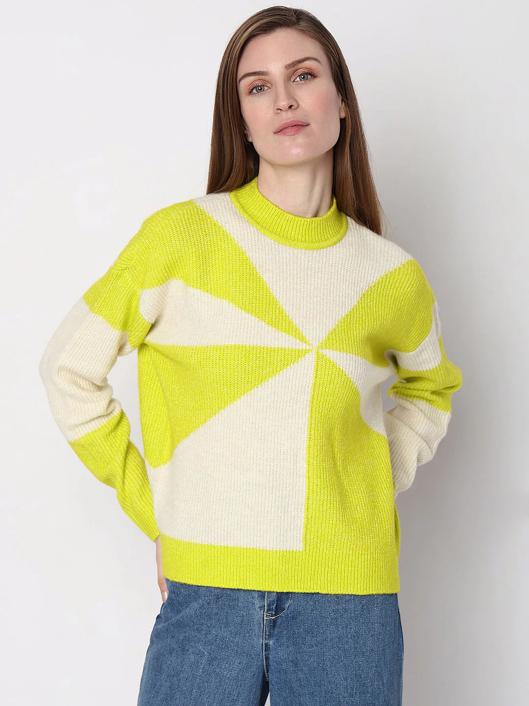 Green High Neck Colourblocked Pullover - Image 2