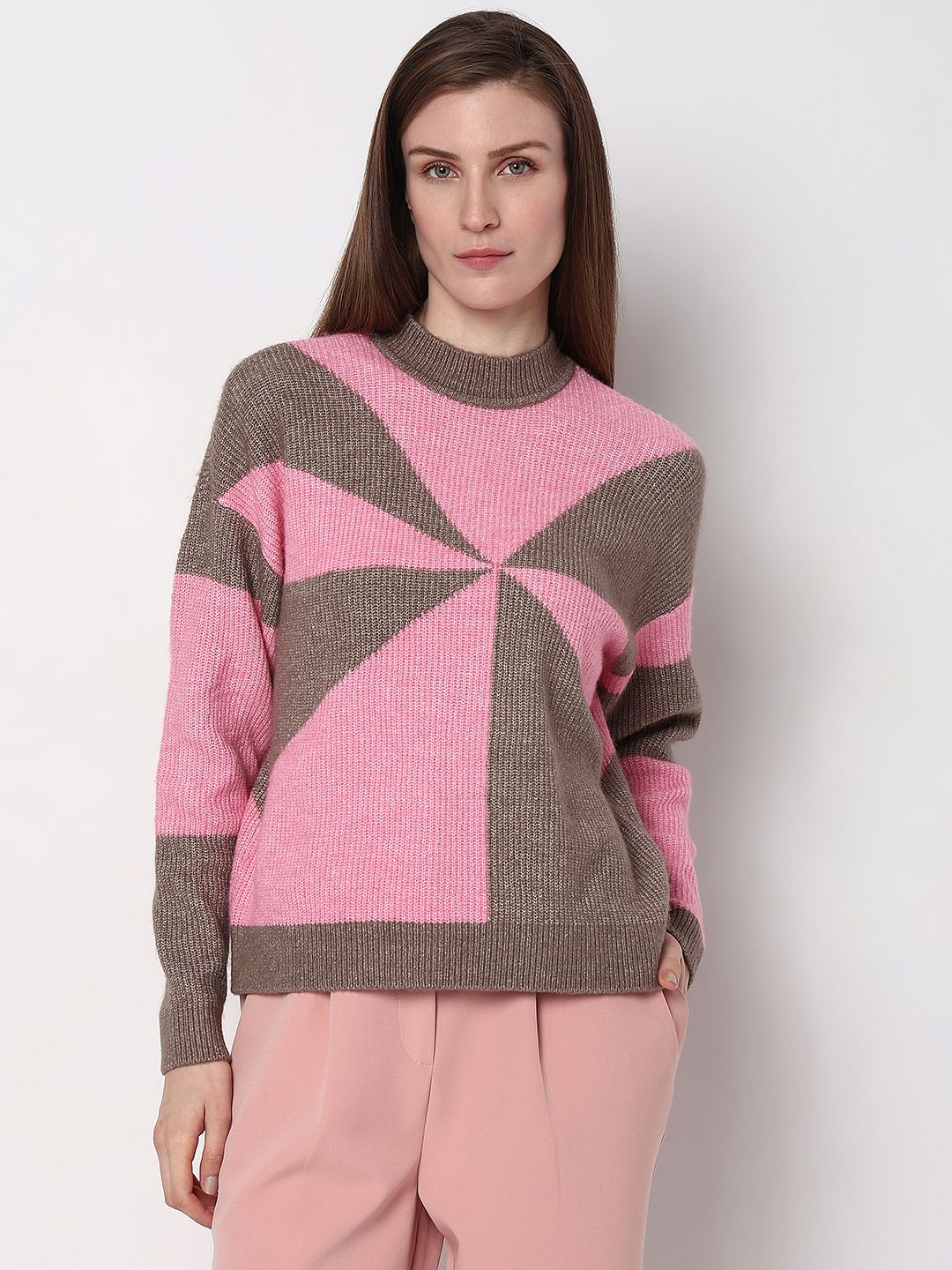 Brown Colourblocked High Neck Pullover - Image 2