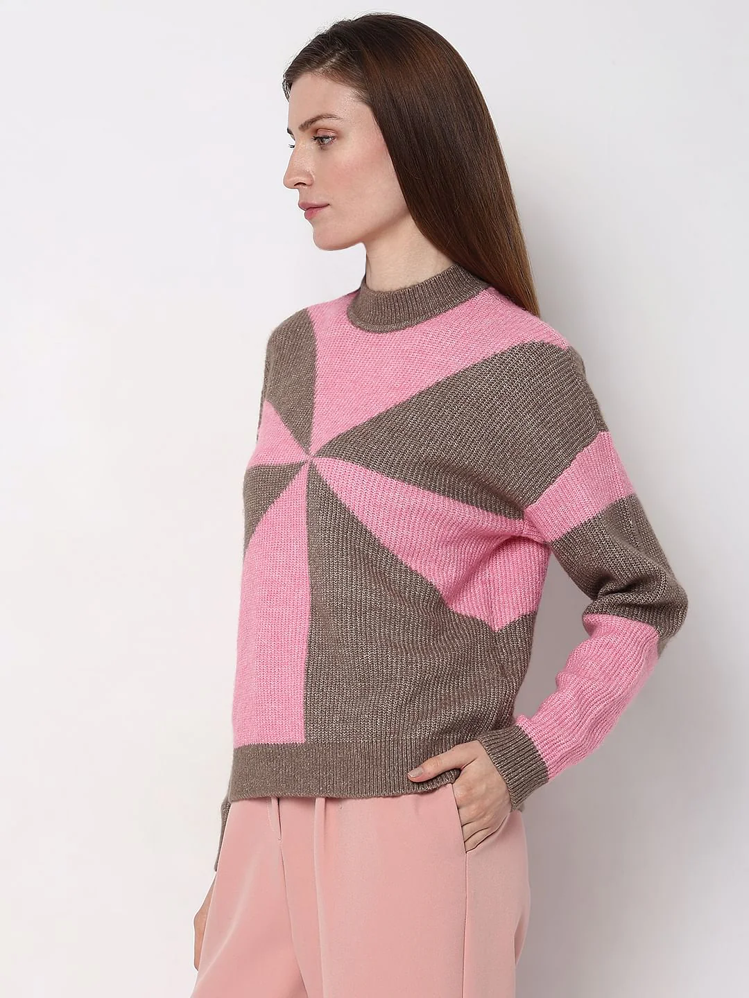 Brown Colourblocked High Neck Pullover - Image 3