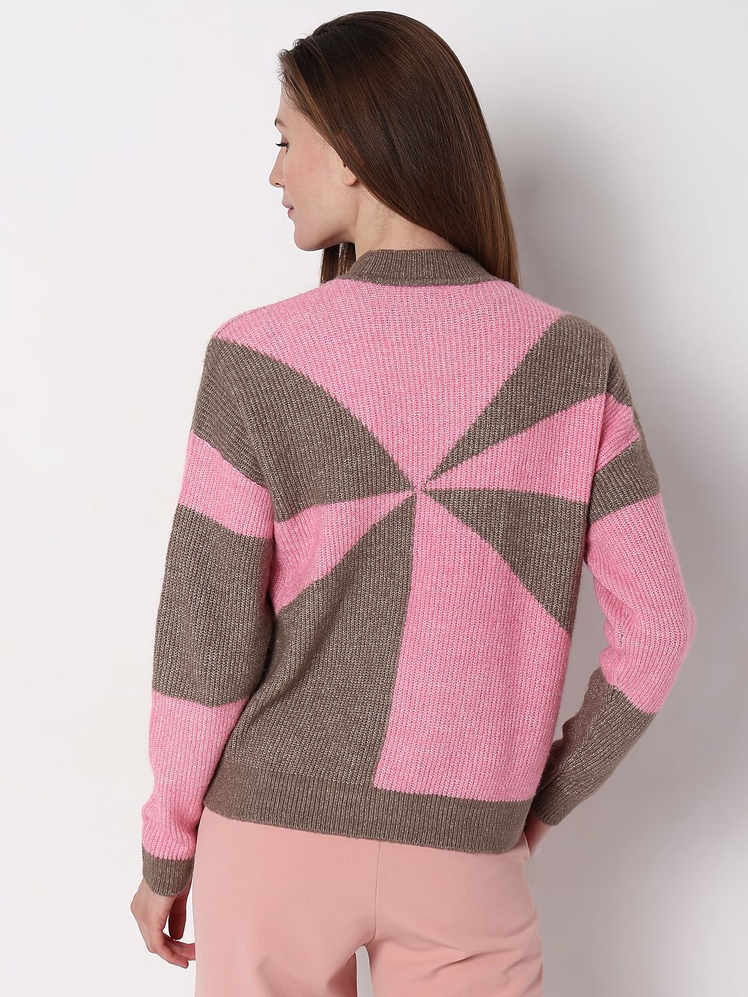 Brown Colourblocked High Neck Pullover - Image 4