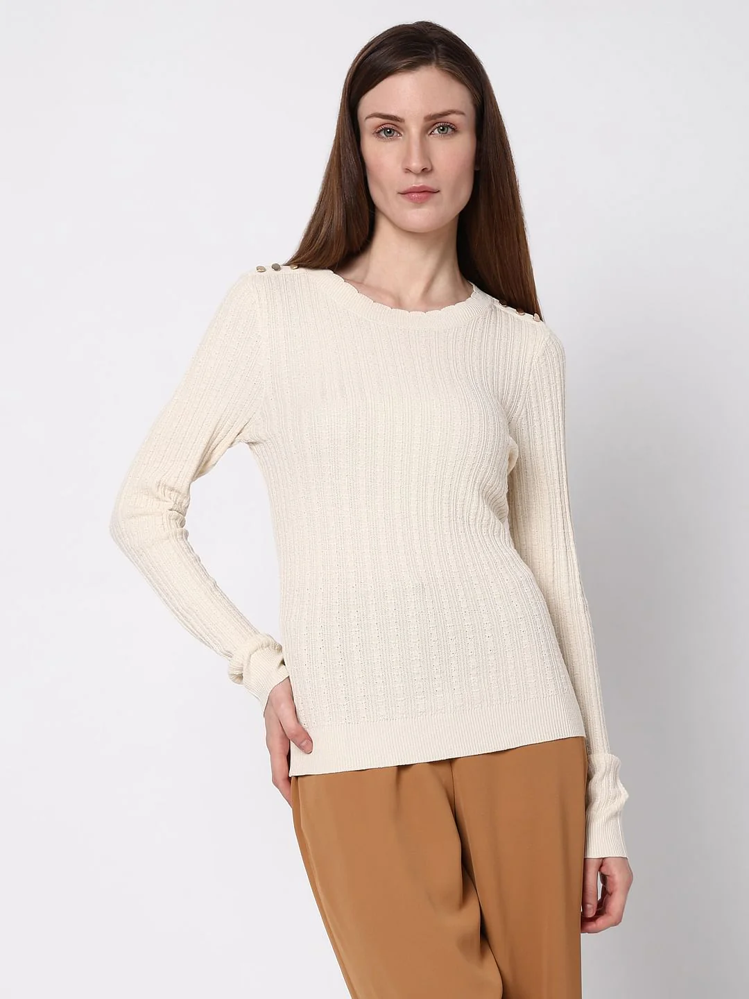 Beige Ribbed Button Detail Pullover - Image 2