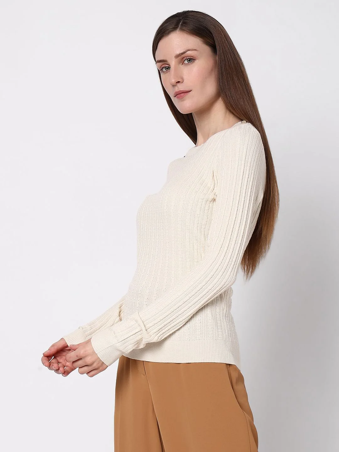 Beige Ribbed Button Detail Pullover - Image 3