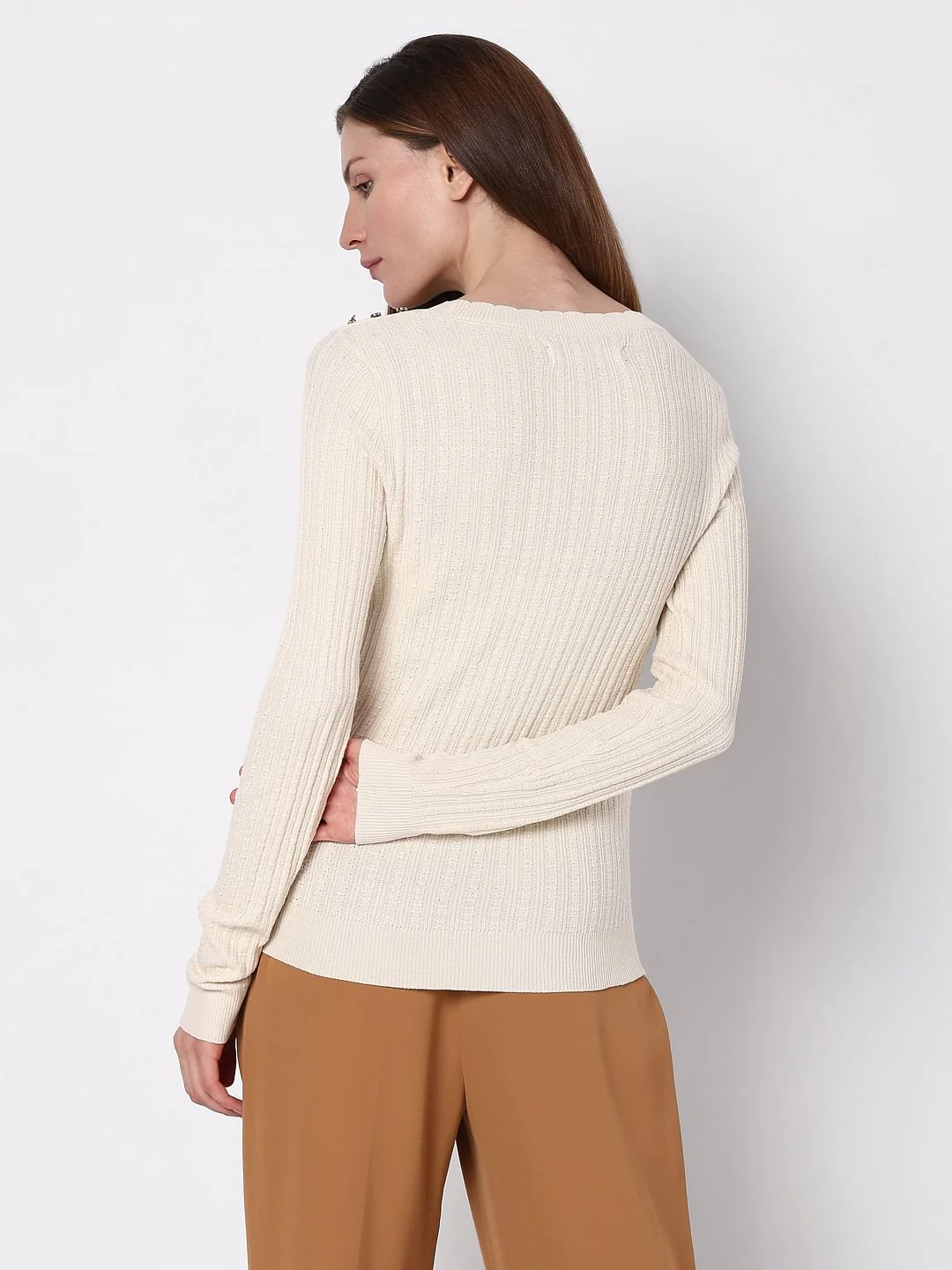 Beige Ribbed Button Detail Pullover - Image 4
