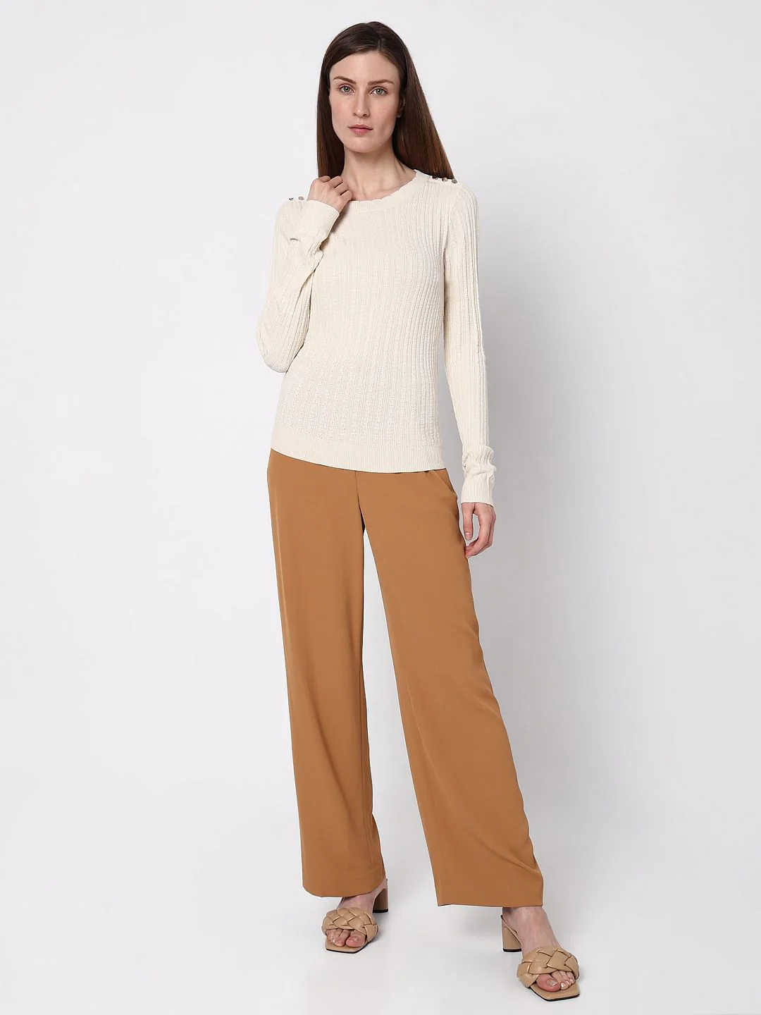 Beige Ribbed Button Detail Pullover - Image 5