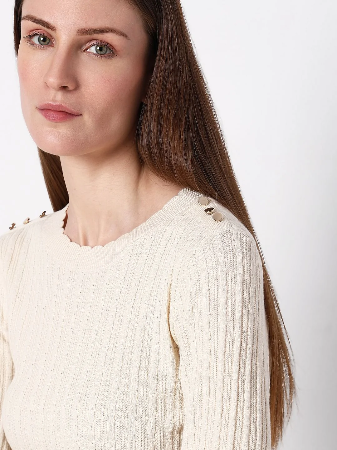 Beige Ribbed Button Detail Pullover - Image 6