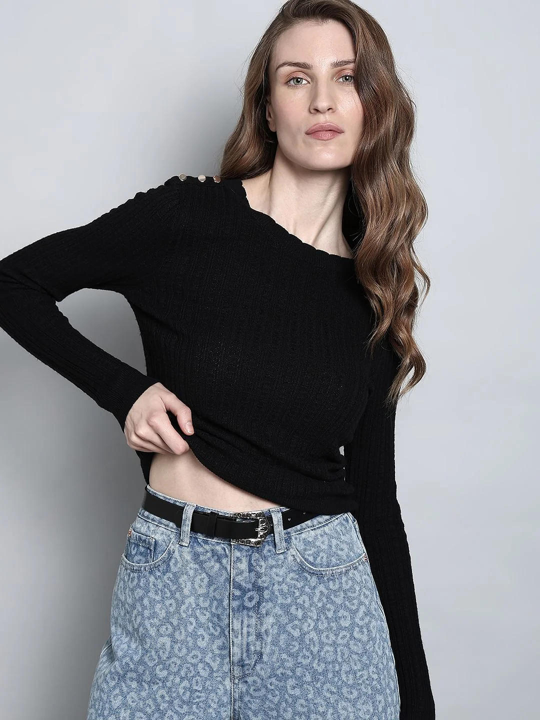 Black Button Detail Fitted Pullover