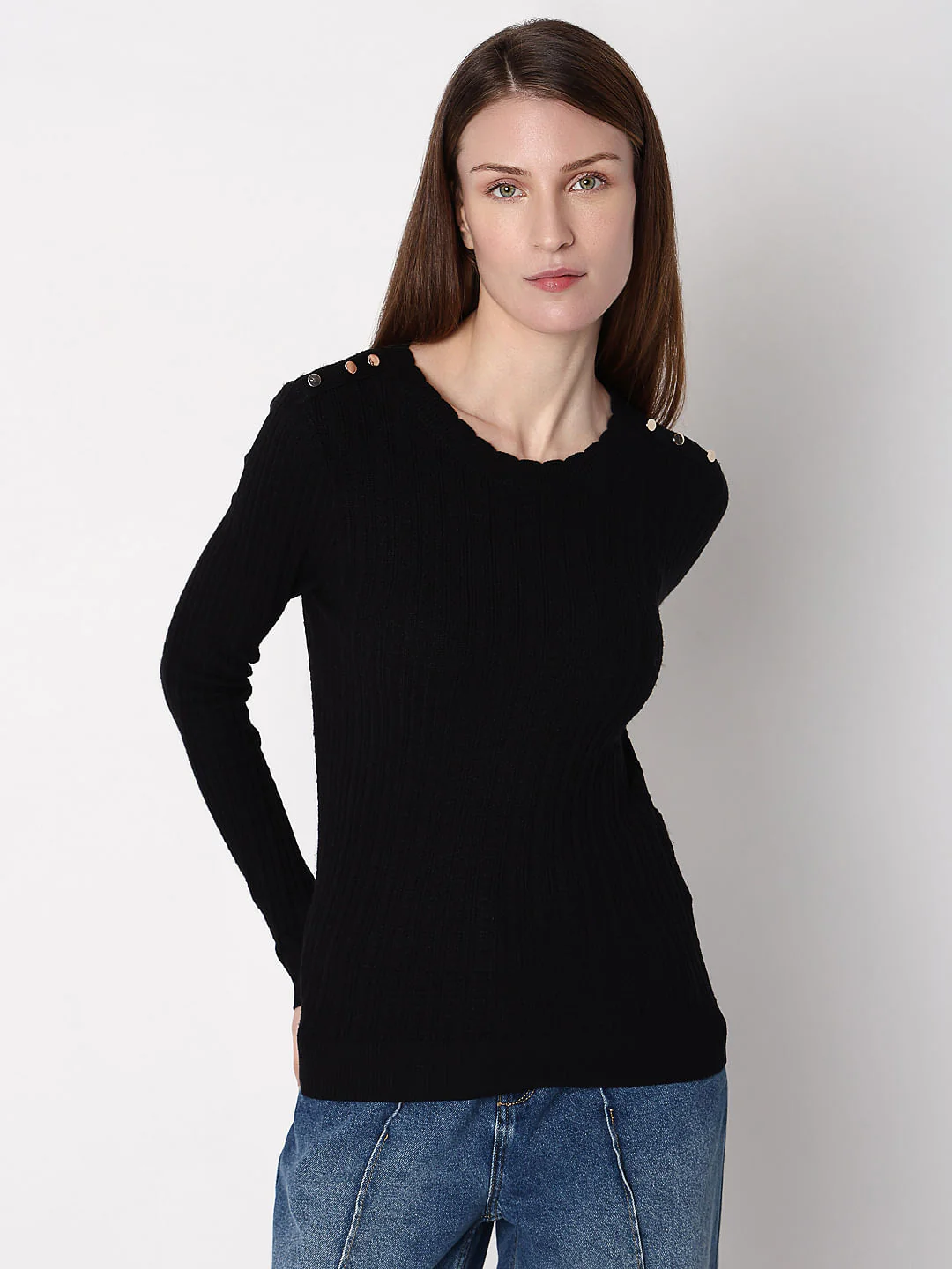 Black Button Detail Fitted Pullover - Image 2