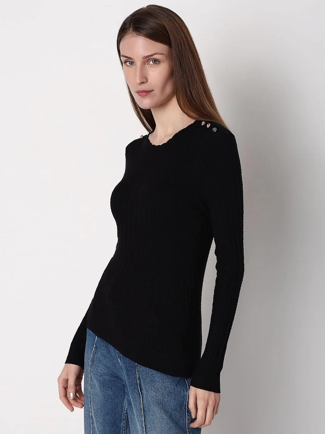 Black Button Detail Fitted Pullover - Image 3