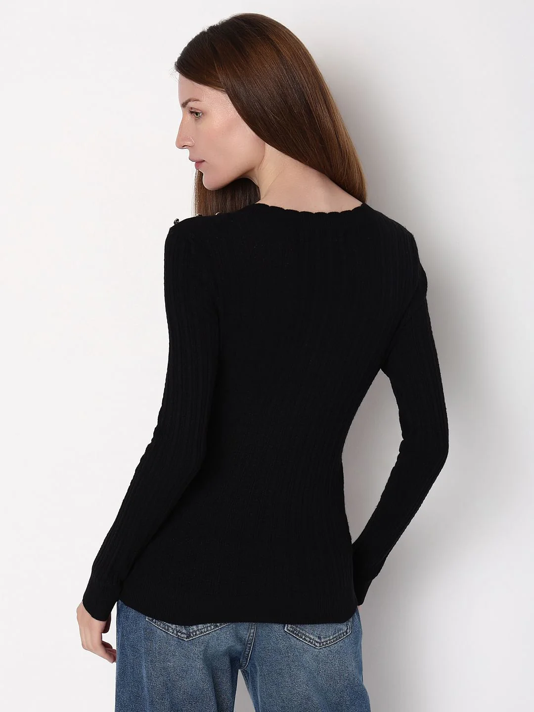 Black Button Detail Fitted Pullover - Image 4