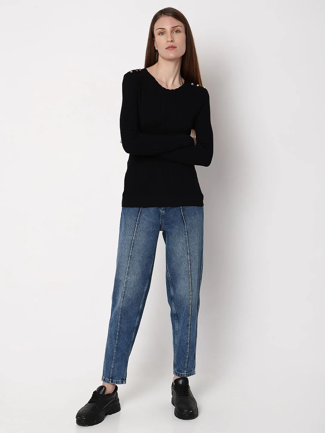 Black Button Detail Fitted Pullover - Image 5