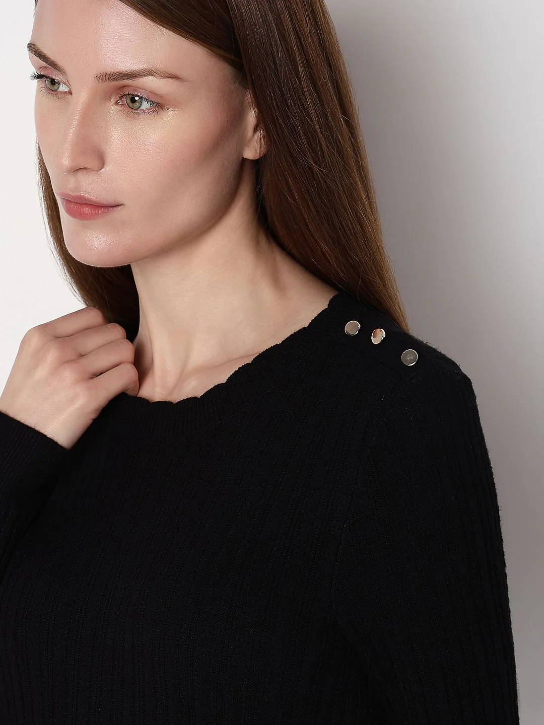 Black Button Detail Fitted Pullover - Image 6