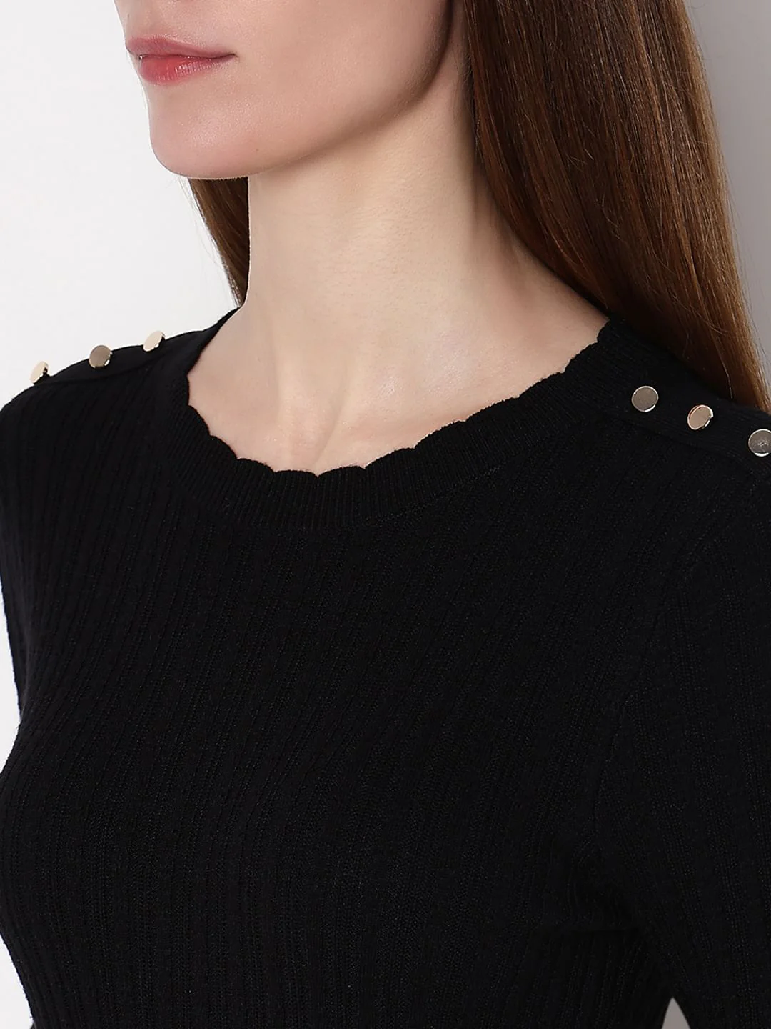 Black Button Detail Fitted Pullover - Image 8