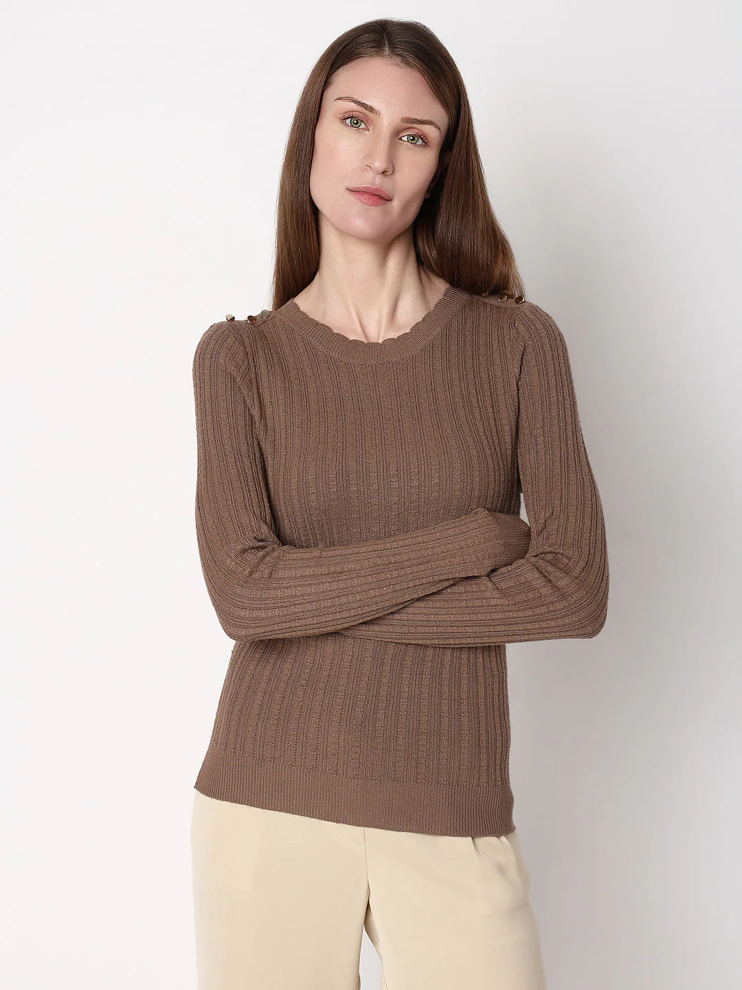 Brown Button Detail Fitted Pullover - Image 2