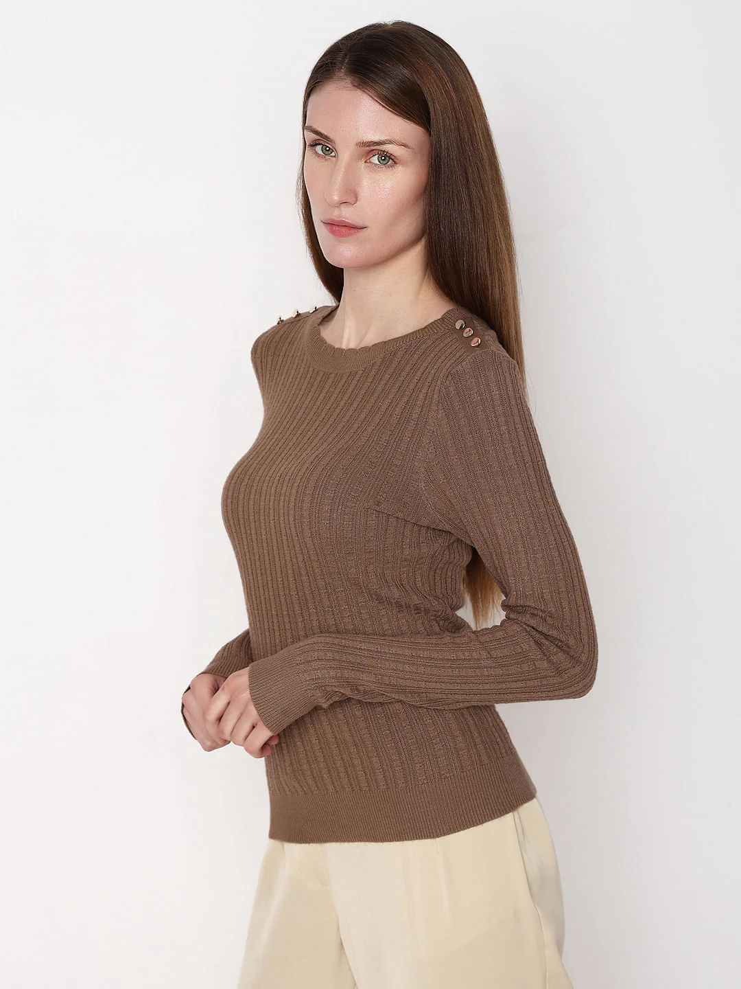 Brown Button Detail Fitted Pullover - Image 3