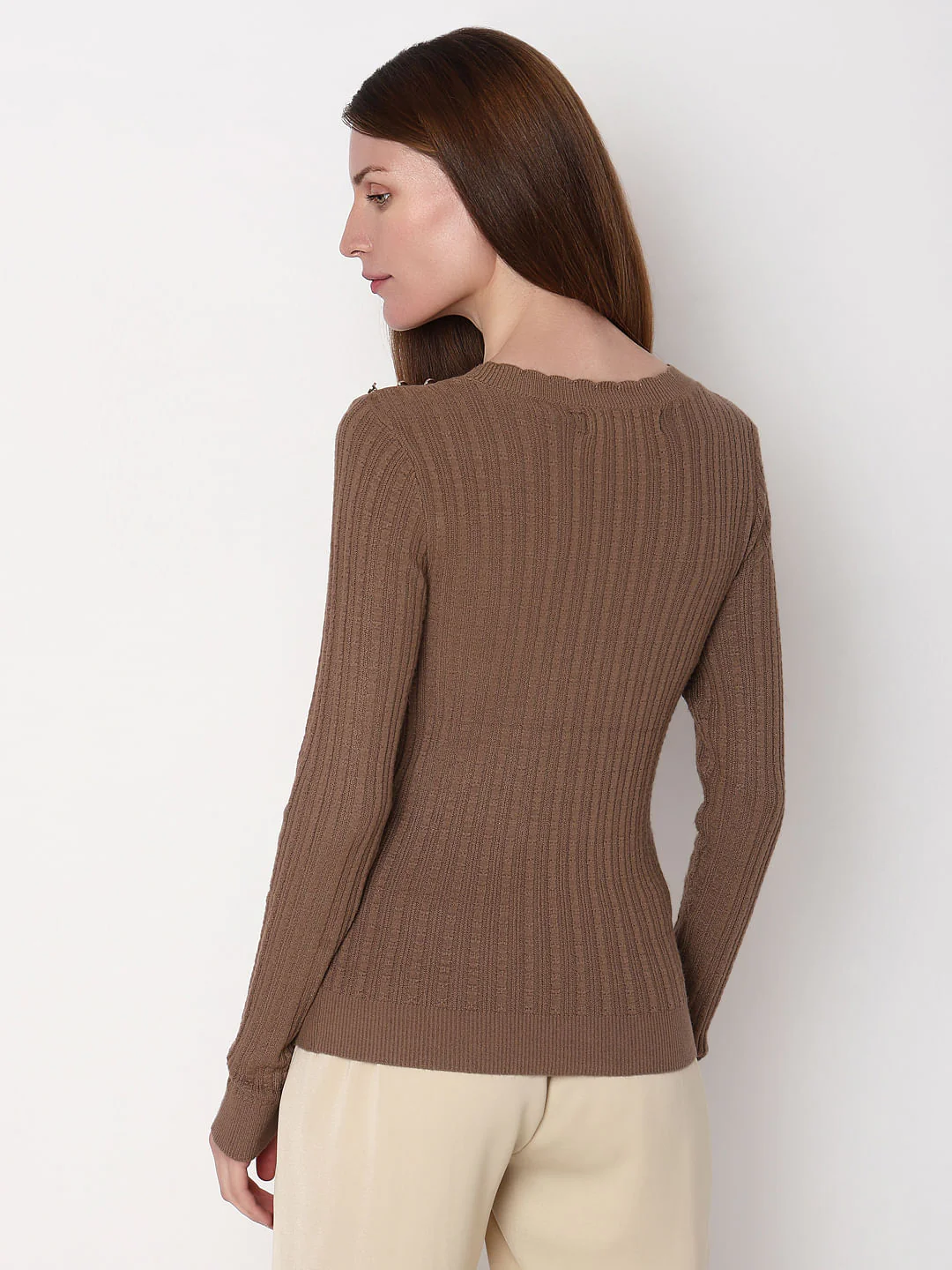 Brown Button Detail Fitted Pullover - Image 4