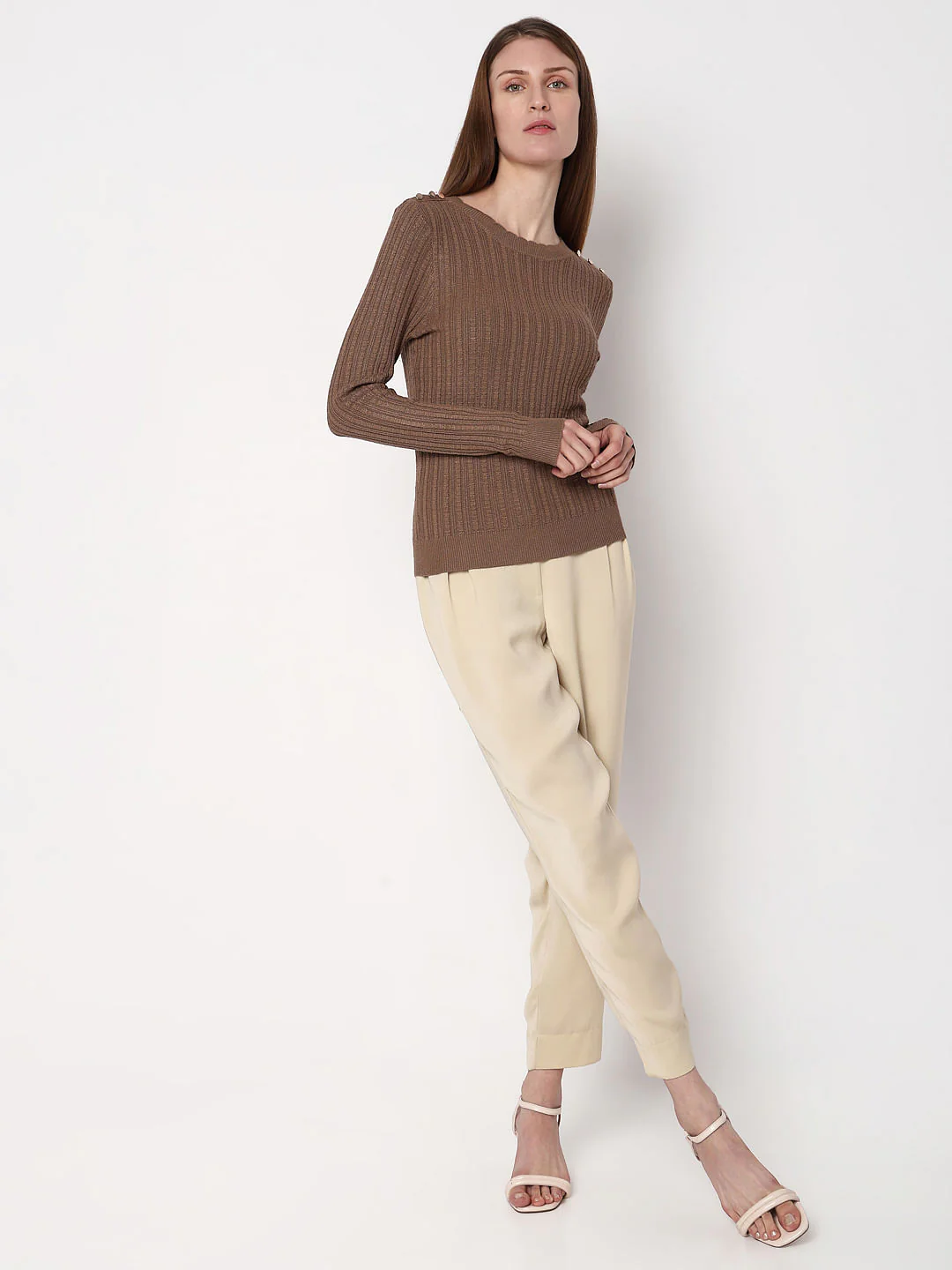 Brown Button Detail Fitted Pullover - Image 5