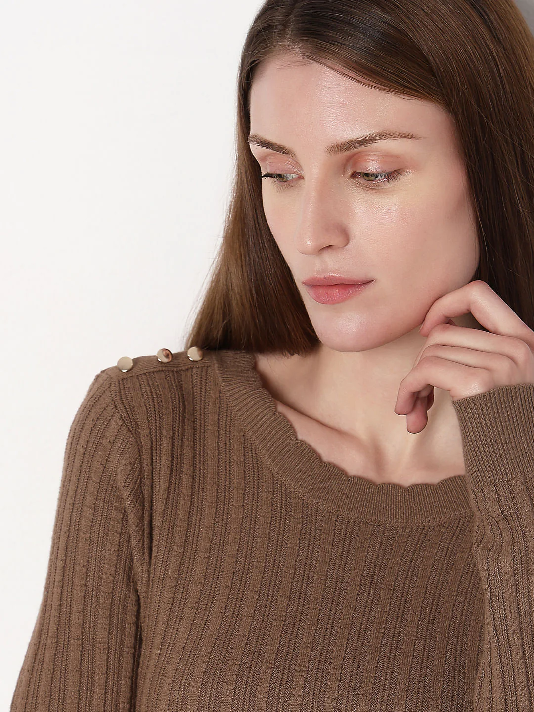 Brown Button Detail Fitted Pullover - Image 6