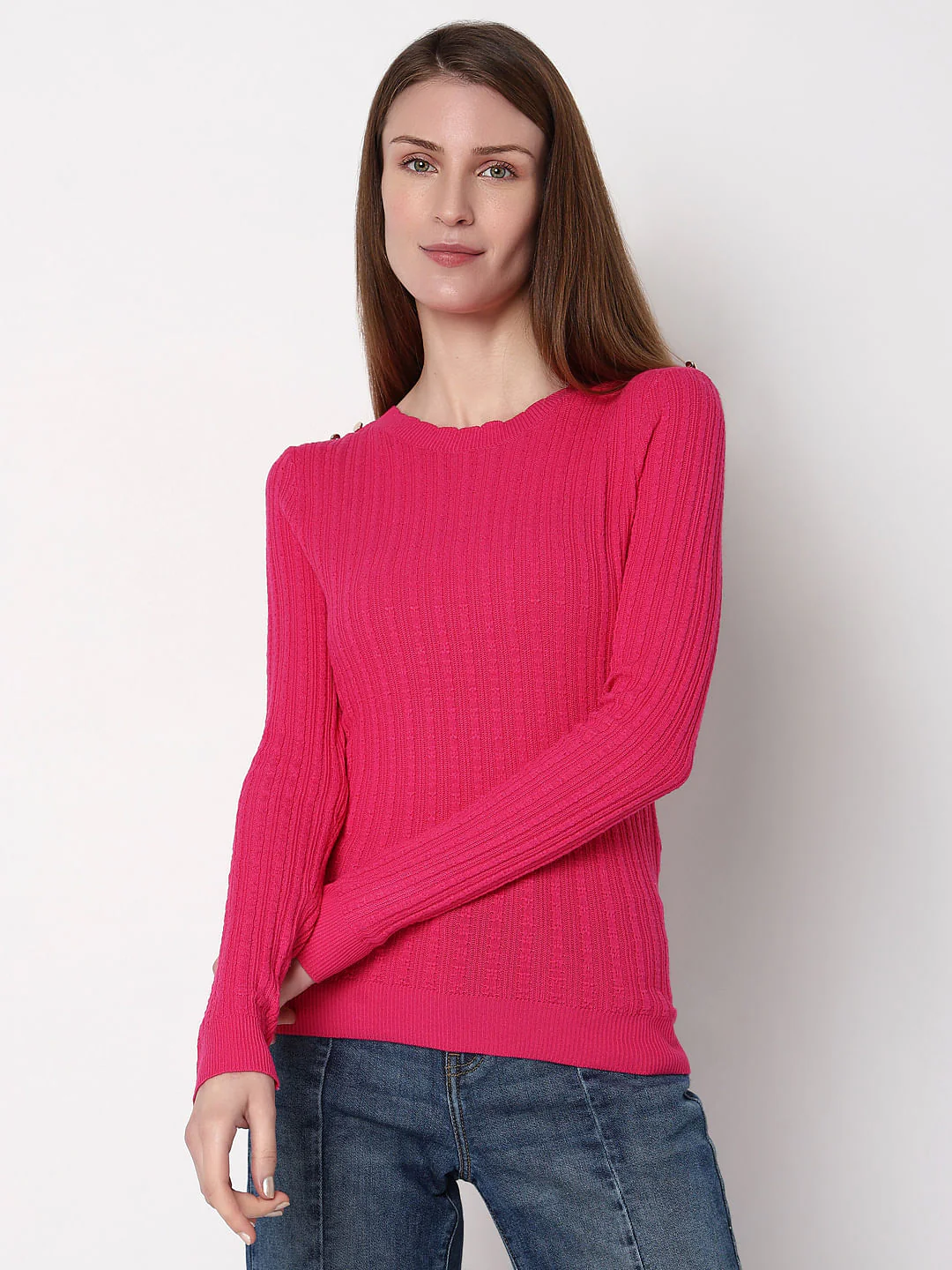 Pink Button Detail Fitted Pullover - Image 2