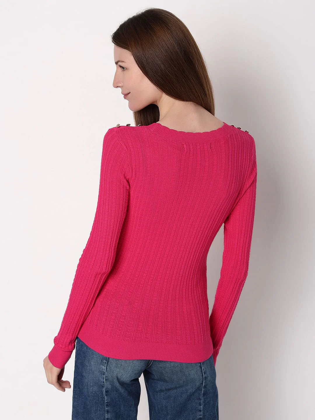 Pink Button Detail Fitted Pullover - Image 4