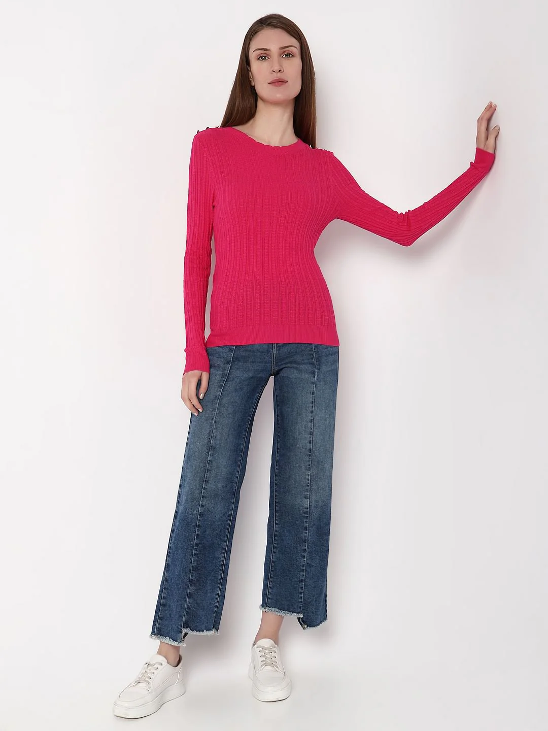 Pink Button Detail Fitted Pullover - Image 5