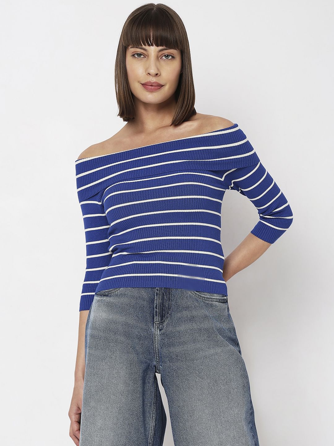 Blue Striped Off-Shoulder Top - Image 2