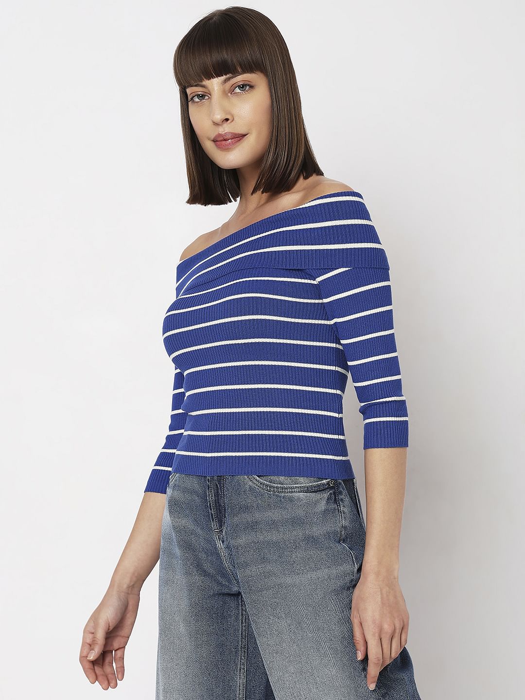 Blue Striped Off-Shoulder Top - Image 3