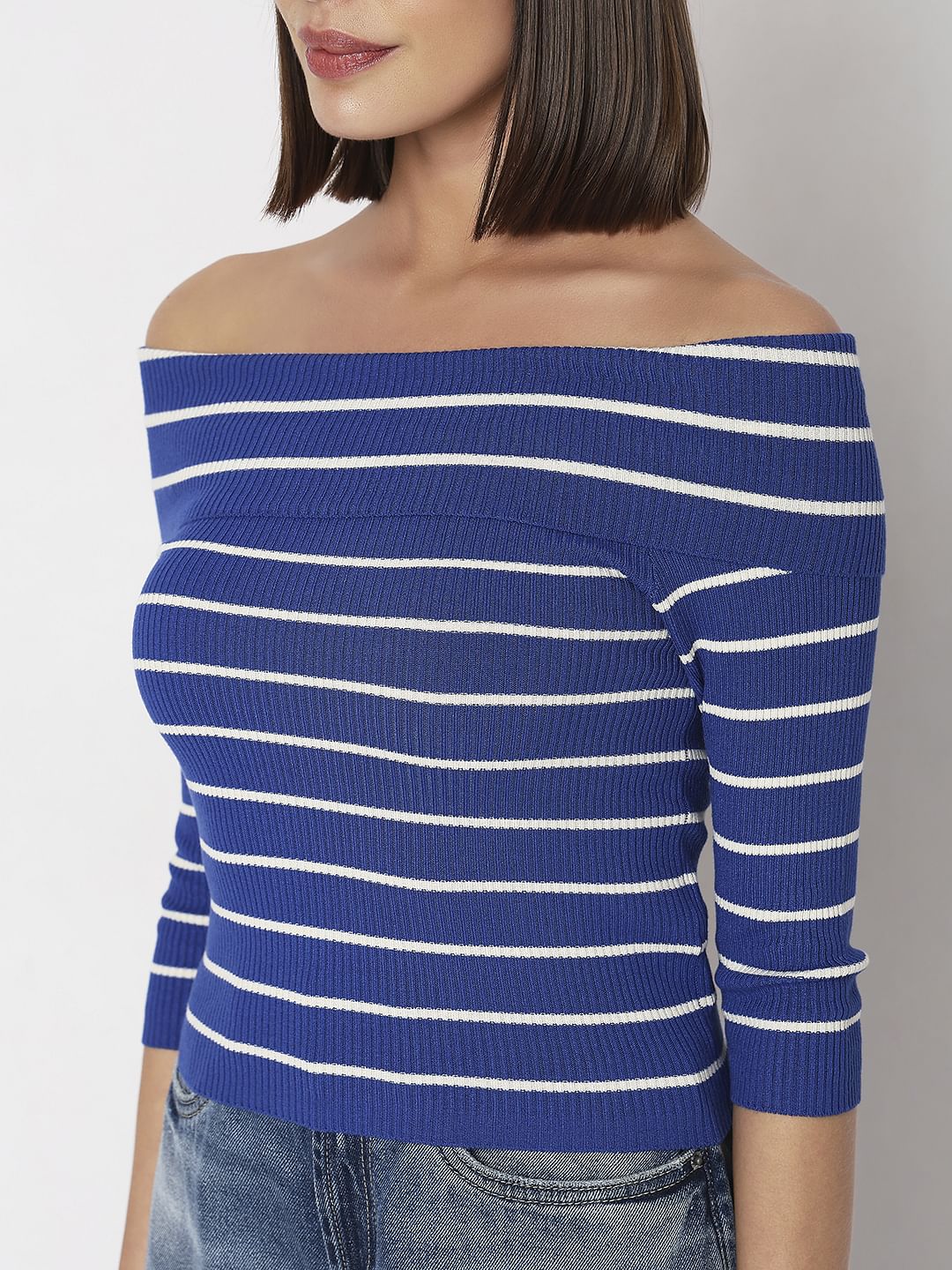 Blue Striped Off-Shoulder Top - Image 8
