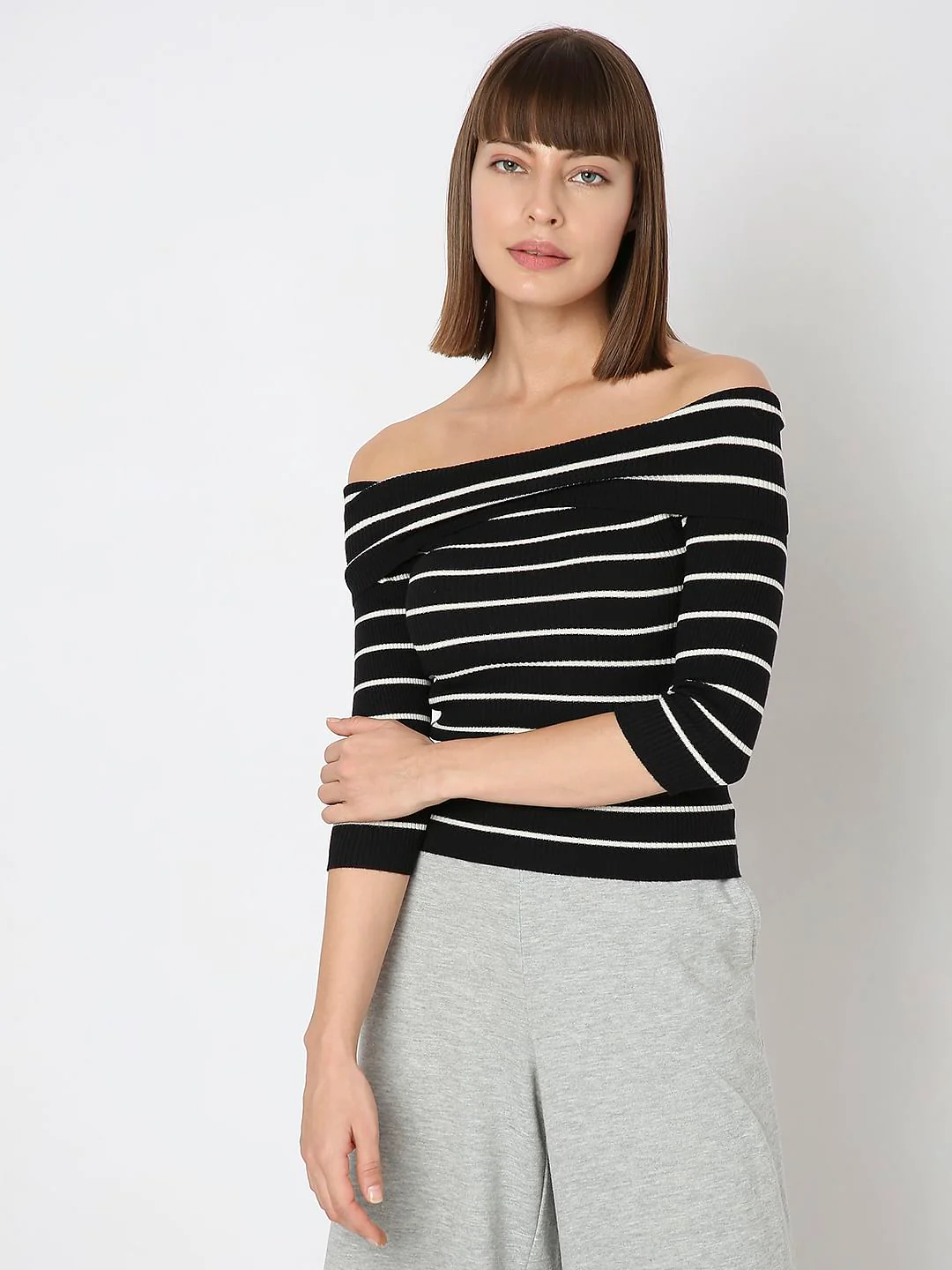 Black Striped Off-Shoulder Top - Image 2