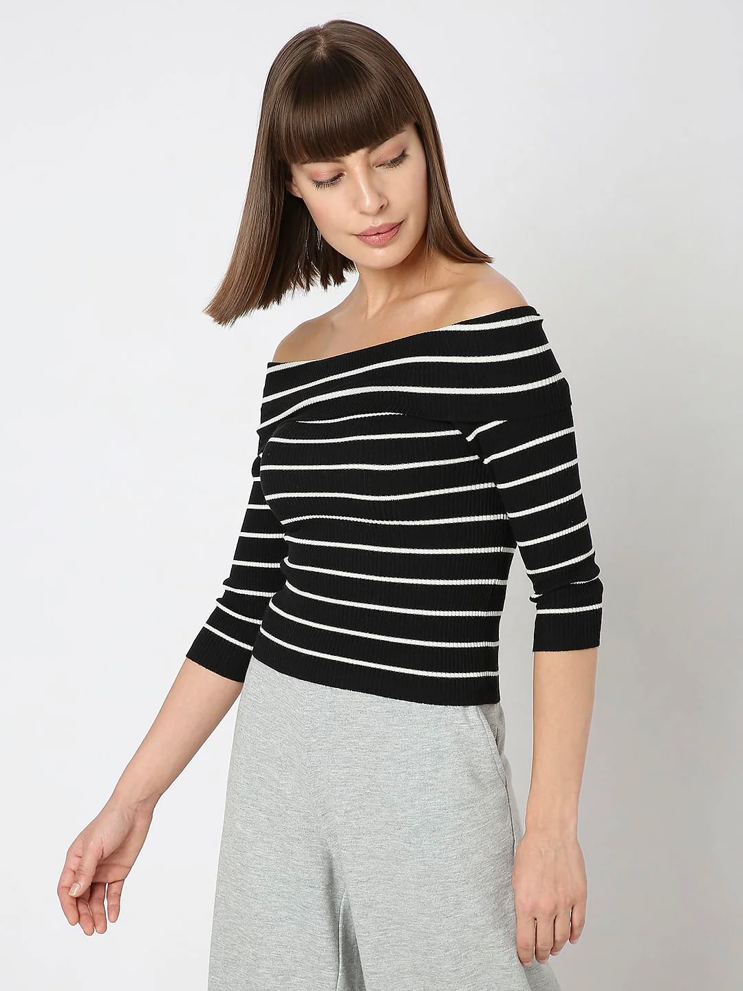 Black Striped Off-Shoulder Top - Image 3