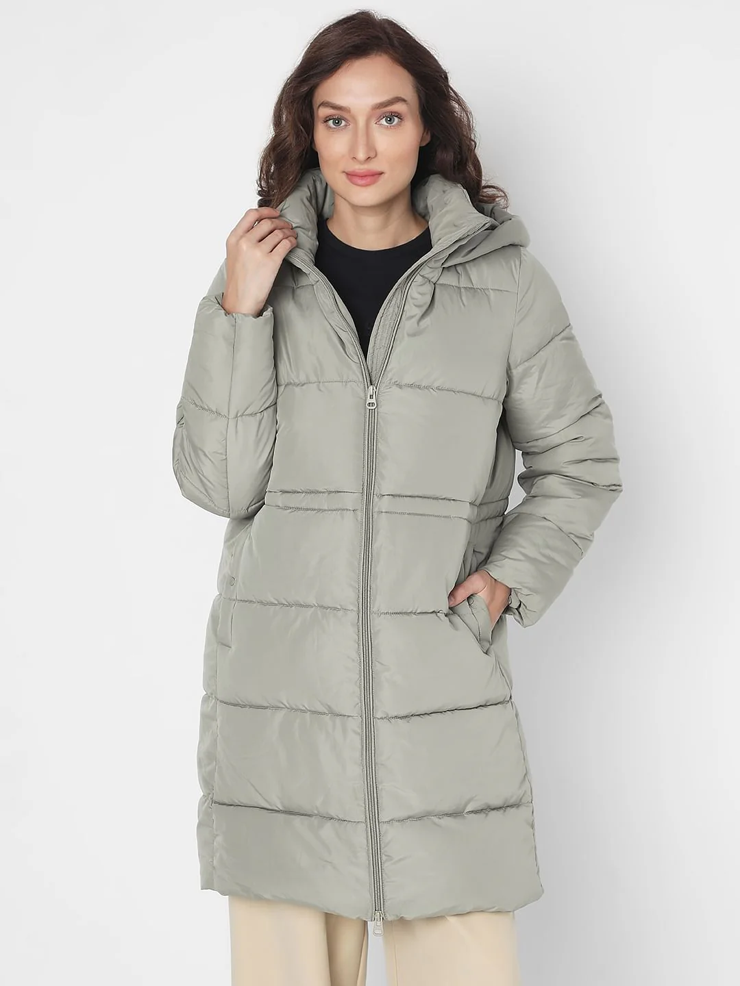 Light Green Long Hooded Puffer Coat - Image 2