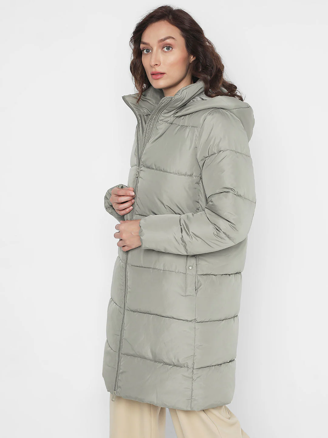 Light Green Long Hooded Puffer Coat - Image 3