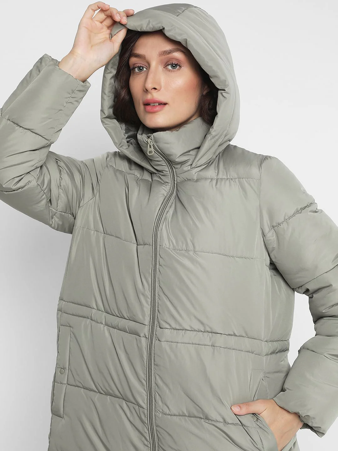 Light Green Long Hooded Puffer Coat - Image 8